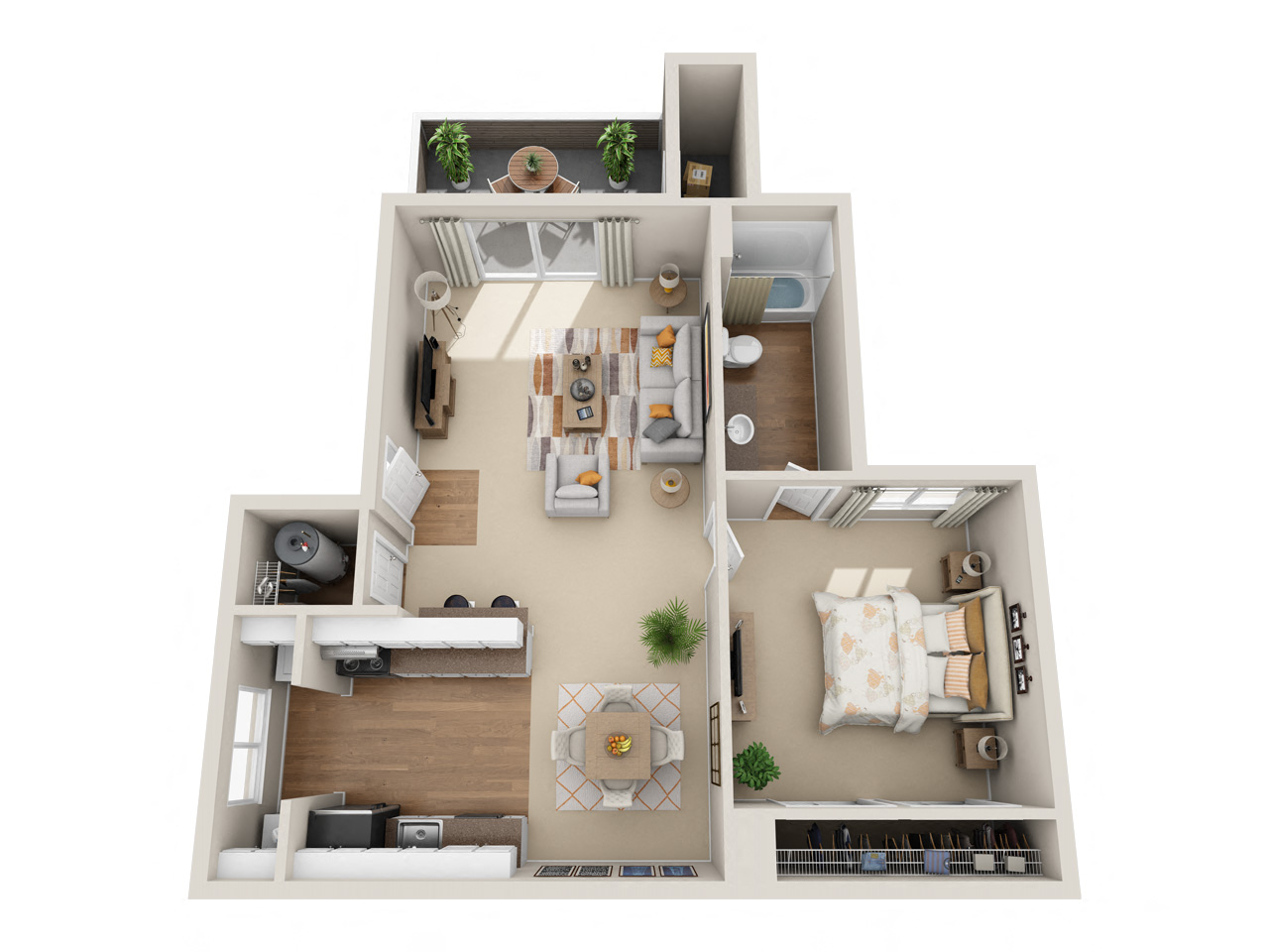 Floor plan for 1 bed, 1 bath, 657 sqft